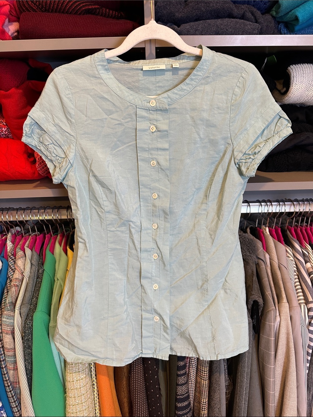 Valette seafoam green short sleeve front button closure back pleated top size XS